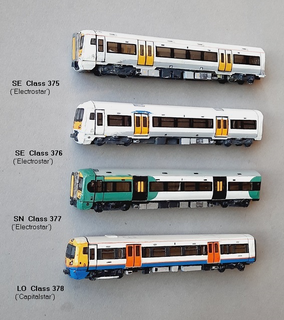 SE Class 375 (´Electrostar´) ,  SE Class 376 (´Electrostar´),  SN Class 377 (´Electrostar´),  LO Class 378 (´Capitalstar´)