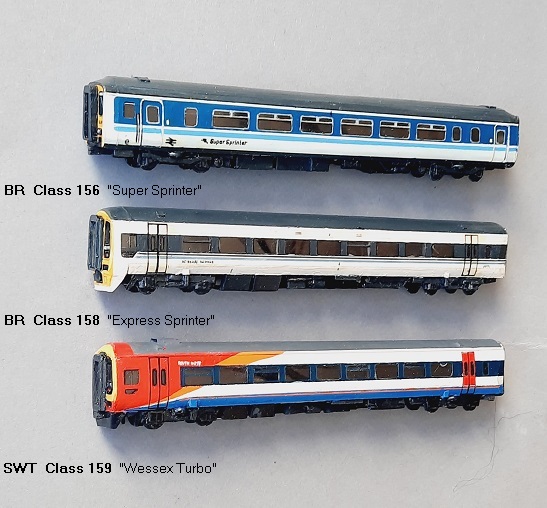 BR Class 156 (´Super Sprinter´),  BR Class 158 (´Express Sprinter´),  BR Class 159 (`Wessex Turbo`)