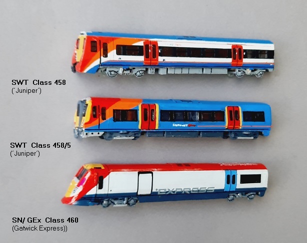SWT Class 458 (´Juniper´) ,  SWT Class 458.5,   SN/ GEx Class 460 (Gatwick Express)